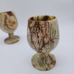 Vintage Goblets Pair Handcrafted Onyx Marble Carved Stone Wine Glasses Lux