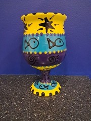 VTG Hand Thrown, Hand Painted Colorful Stemmed Goblet C. Tittle, Fish Inside
