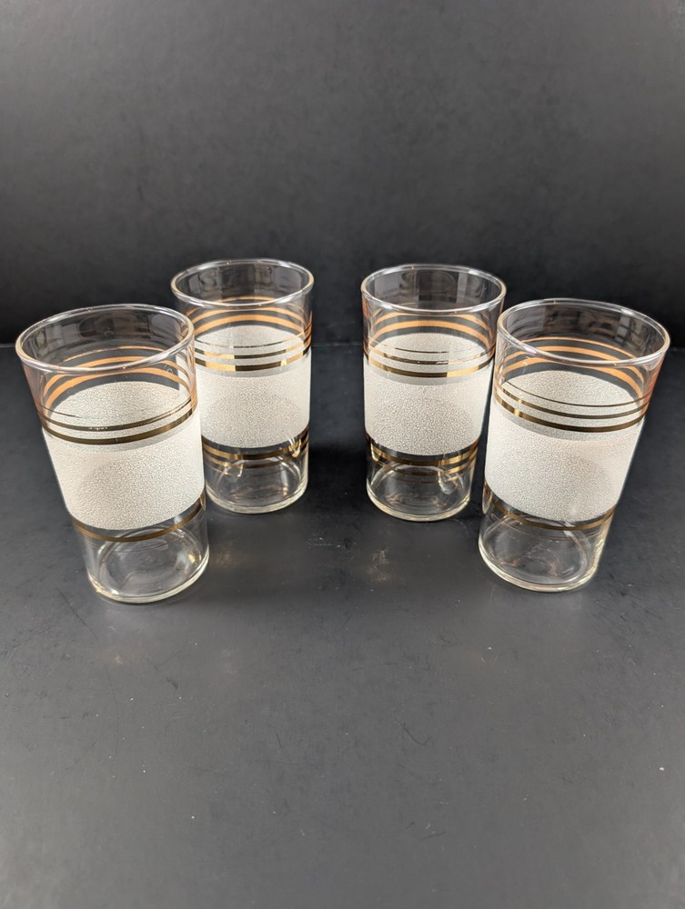 4 Vintage Frosted Gold Bands Tumblers Juice Glasses MCM Retro Barware 4.75″ T
