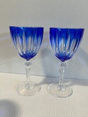 Pair Cristal Durand Cobalt Blue Cut to Clear 6.5″ Crystal Goblets