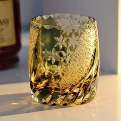 Hand Cut Flower Old Fashioned Crystal Whiskey Glass Tumbler Edo Kiriko Gray 12oz