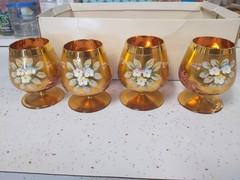 LOT 4 12.8 fl.oz BOHEMIAN GLASS BRANDY SNIFTERS HAND-PAINTED ENAMEL GILT GOLD