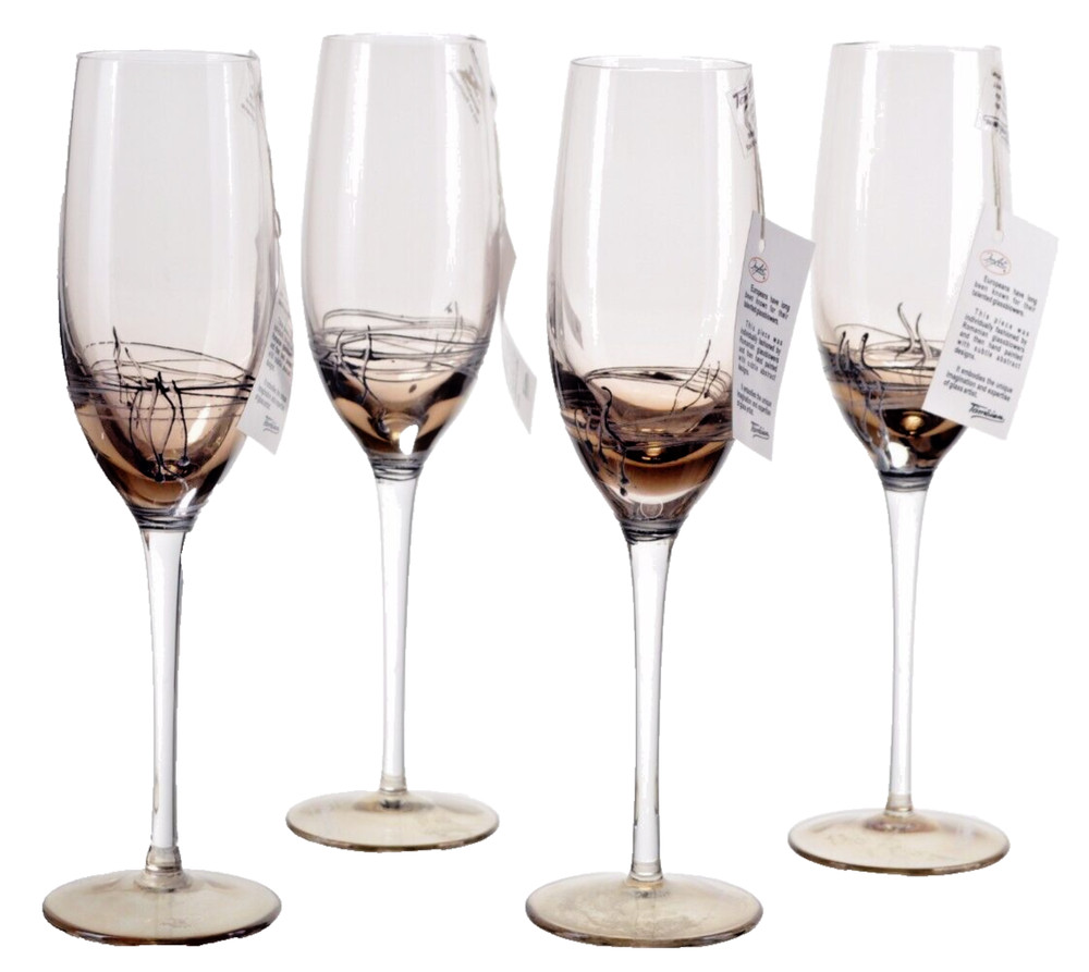 ION TAMAIAN Art Glass Champagne Flute Amber Set/4 Hand Painted Romania New