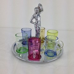 Art Deco 1920’s Farberware Semi Nude Egyptian Lady on Chrome Caddy w 6 Glasses