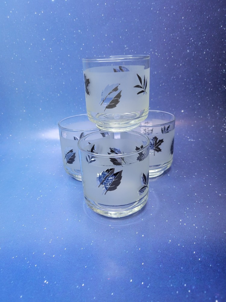 4 Vintage Libbey Old Fashion Rocks Glasses Silver Leaf Foliage READ DESCRIPTION