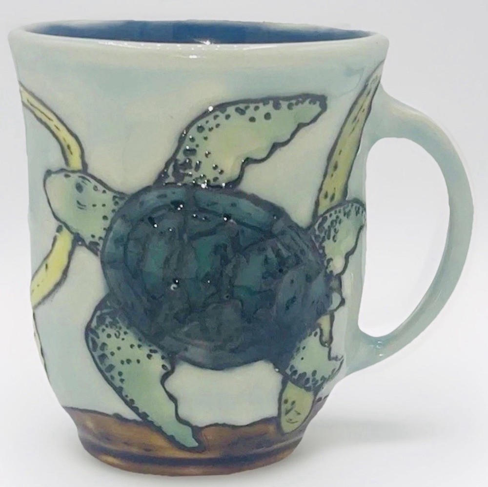 Studio Art Pottery Signed Sea Turtle Mug Handmade Textured Blue Interior