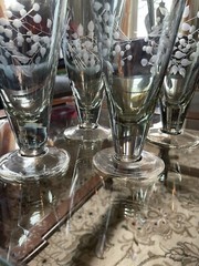4 Lenox Crystal Etchings Smoky Green Water Or Ice Tea Glasses – Very Pretty!