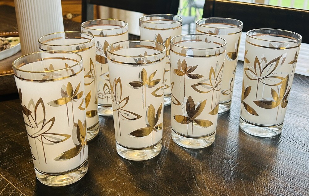 Set Of 8 Rare Libby MCM Gold Leaf Water Lily Tumblers Glasses Frosted