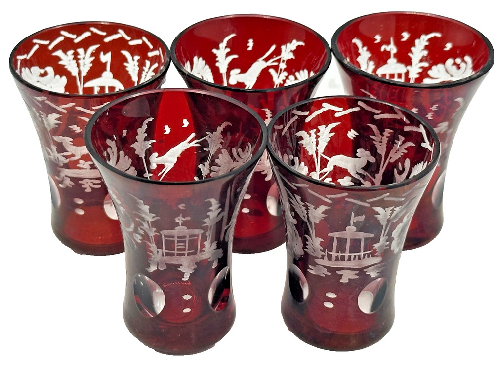 Set of 5 Shot Liquor Glasses Ruby Cut to Clear Bohemian Glass Motif Animals