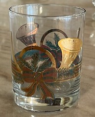 VTG 4 Set CULVER Yule Horn Bow Holiday Rocks Old Fashioned Glasses 14oz 22k Gold