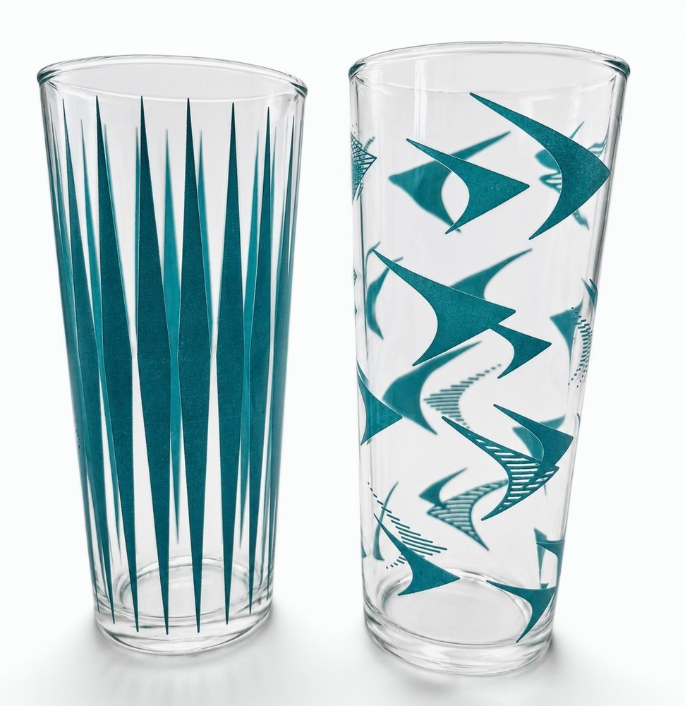 Vintage Hazel Atlas Atomic Boomerang Diamond Turquoise Highball Glasses MCM