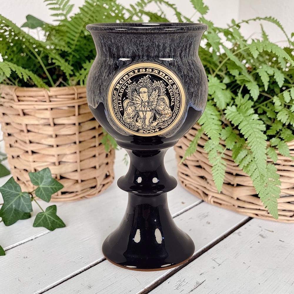 2004 Renaissance Chalice Goblet Elizabeth Regina Blue Drip Stoneware Pottery