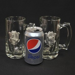 Libbey Clear Glass 2 Mugs Golf Theme Pewter Medallion 12 Ounces 5 7/8″ Tall HTF