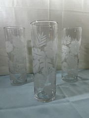 3 Frank Oda Etched Hawaiian Hibiscus Monstera Leaves 7″ Tom Collins Bar Glasses