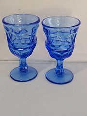 2 Fostoria Argus Blue Wine Glasses 1980s thumbprint goblets glass stemware decor