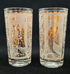 2 Hollywood Regency Geisha Gold Frosted Highball Drinking Glasses MCM Oriental