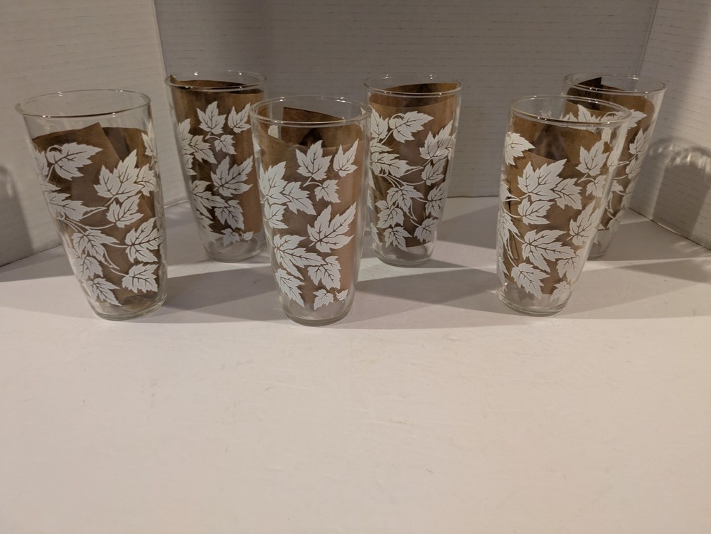 Set of 6 Vintage Hazel Atlas Tumbler Drinking Glasses White Maple Leaf Design