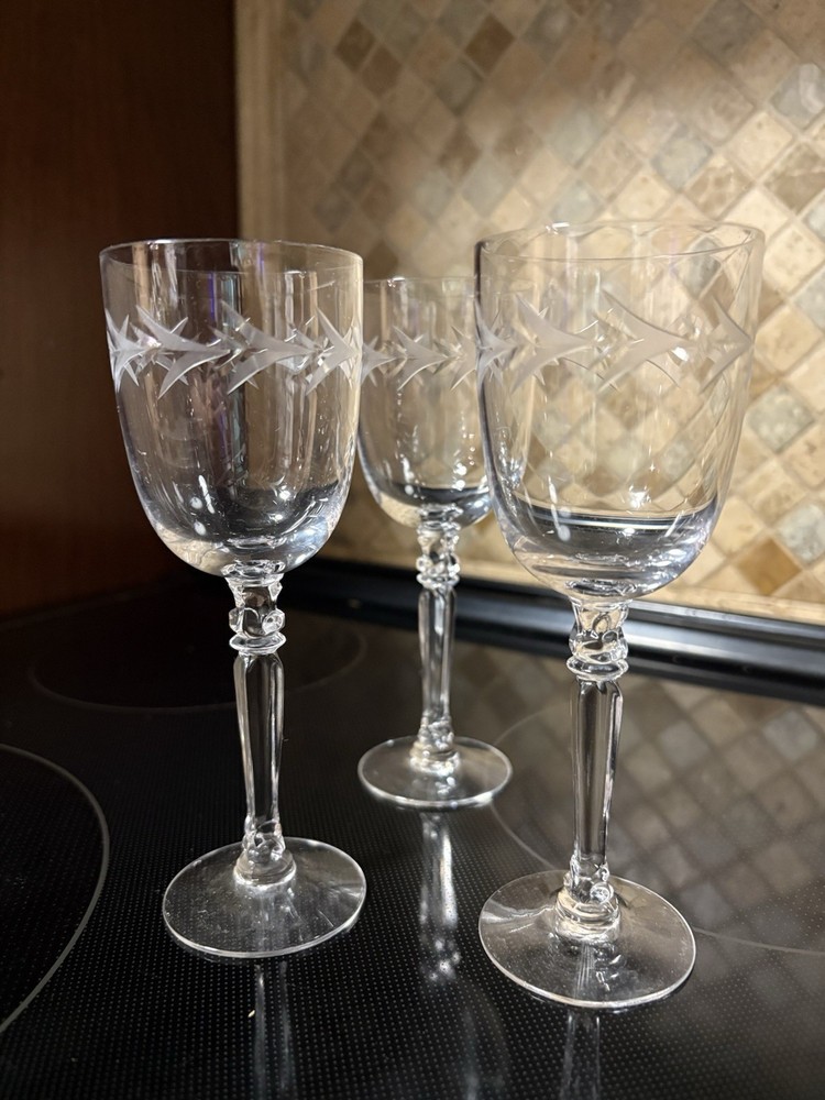 Set 3 Fostoria Crystal Holly Clear Water Glasses Stem 6030 Cut 815 Leaves Glass