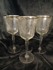 vintage Heisey Minuet Pattern etched stemware glasses w/ silver rim Set Of 3 8″