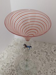1930’s BIMINI BLOWN SWIRL ART GLASS GOBLET WITH BUBBLE ANIMAL HORSE STEM 7″H