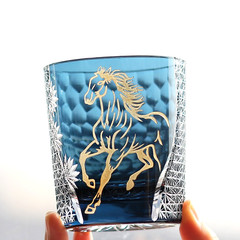 Original Gold Horse Pattern Whisky Glass 250ml Tumbler Ink Blue Gift Pack