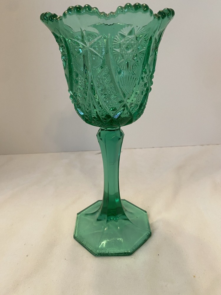 Vintage Green Kemple Glass Challice Goblet Hobstar Pattern Sawtooth Edge 9 3/8″T
