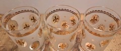 Vtg Set Of 6 Hazel Atlas Juice Glasses Frosted Finish Gold Fleur-De-Lis