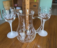 Avon 24% Full Lead Crystal Etched Pitcher & Wine Glass Hummingbird/Floral Set