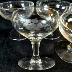 Set of 5 Etched Laurel Leaf Champagne Short Stem Coupe Glasses Sherbert 3.25″H