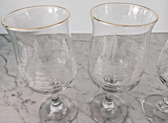 NEW 4 Crystal Water Glasses/Goblets w/ Snowy Winter Scene & Gold Rim Christmas