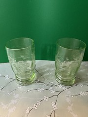 Lot Of 2 Depression-era glass tumblers , etched grape & vine pattern With Glow