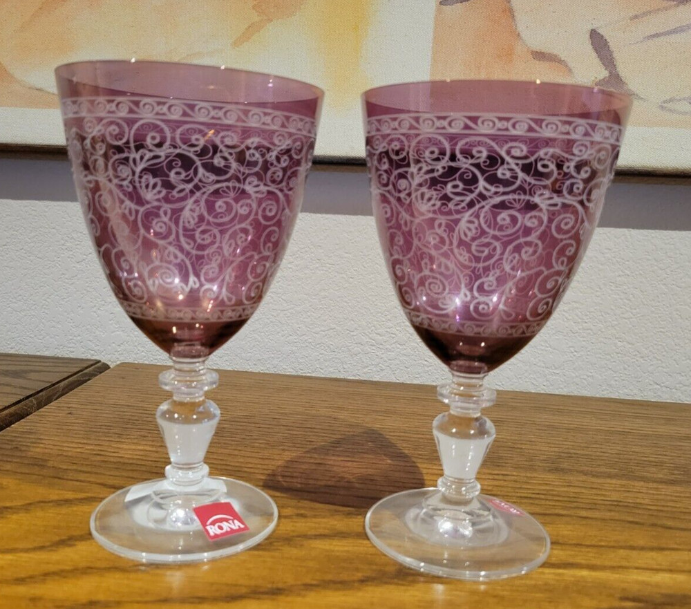 Pair Of 6.5″ Tall RONA Amethyst Stemed Water/Wine Goblets