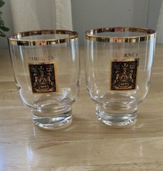 Vtg Thornes Scotch Glasses Lot Of 2 Gold Rim 22K 1960s Barware Low Ball MCM