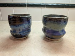 Studio Art Pottery Drip Glaze Drinking Tumblers Set Of 2 Signed