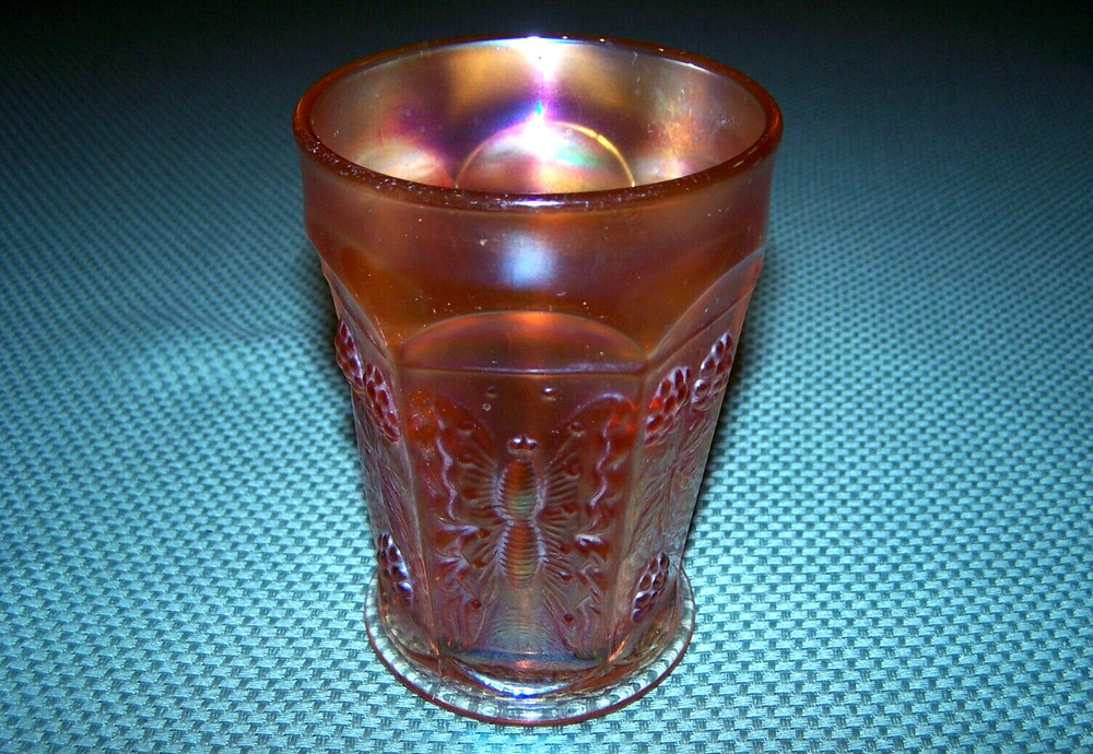 Vintage Early 1900s Fenton Marigold Butterfly & Berry 4in Tall Glass Tumbler