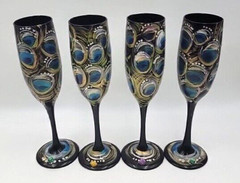 MCM Deep Black Glass Champagne Flutes 8 3/4in” Set of 4