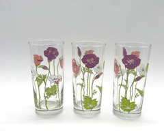 3 Signed CULVER Glassware 1960/1970’s Poppies Purple Pink White 14 Oz MCM
