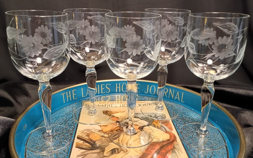 5 Vintage Glastonbury-Lotus Floral & Leaf Cut Wine Glasses Water Goblets Set