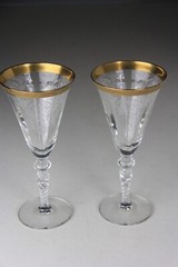 Set Of 2 VTG Morgantown Carlton Marco Gold Encrusted Etched Glass Water Goblet