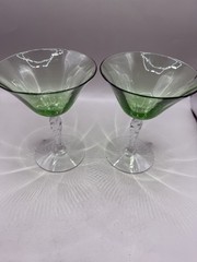 Fostoria Uranium Green Bowl Clear Twist Stem 5” Champagne Glasses Set Of 2