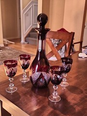 Vintage Czech? Ruby Cut To Clear Glass 11″ Decanter & 4 Glasses 5.25″