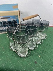 Vintage Anchor Hocking 8 Glass Silver Mist Tumblers w/ folding Caddy & Box