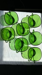 Vereco France Green Glass Cups Set Seven-Piece Round Glossy Printed Backstamp