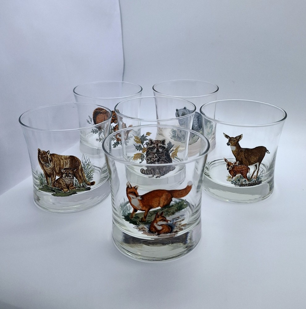 «American Wildlife» Rocks Glasses Set Of 6 West Virginia Specialty Glass Vtg Bar