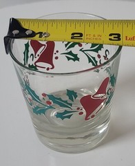 VTG Christmas Lowball Rocks Egg Nog Clear Drinking Glass 4 pc Bells & Holly 6 oz
