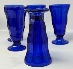 ANTIQUE 5 Cobalt Blue Goblets Panel Footed Glasses Water Ice Cream Ice Tea Malt