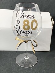 Elegant Cheers to 80 Years Wine Glass Goblet Clear w/ Black and Gold Lettering