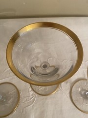 Vtg 3 Glastonbury Lotus Gold Rimmed Sherbert Champagne Coupes Glasses 5.25” T
