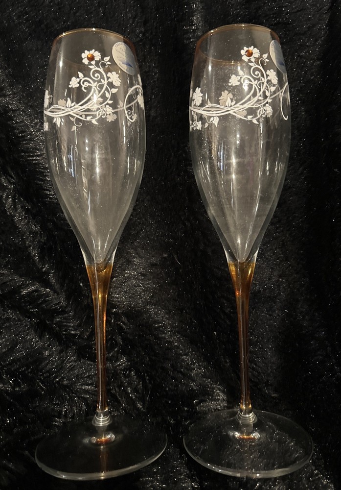 Vintage Champaign Flutes with Honey/ Amber Color Trim/stem Italy 9.50” H (2)