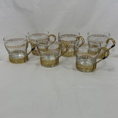 Set Of 6 Vtg Libbey Greek Key Continental Glass Cups w/Metal Band Handle